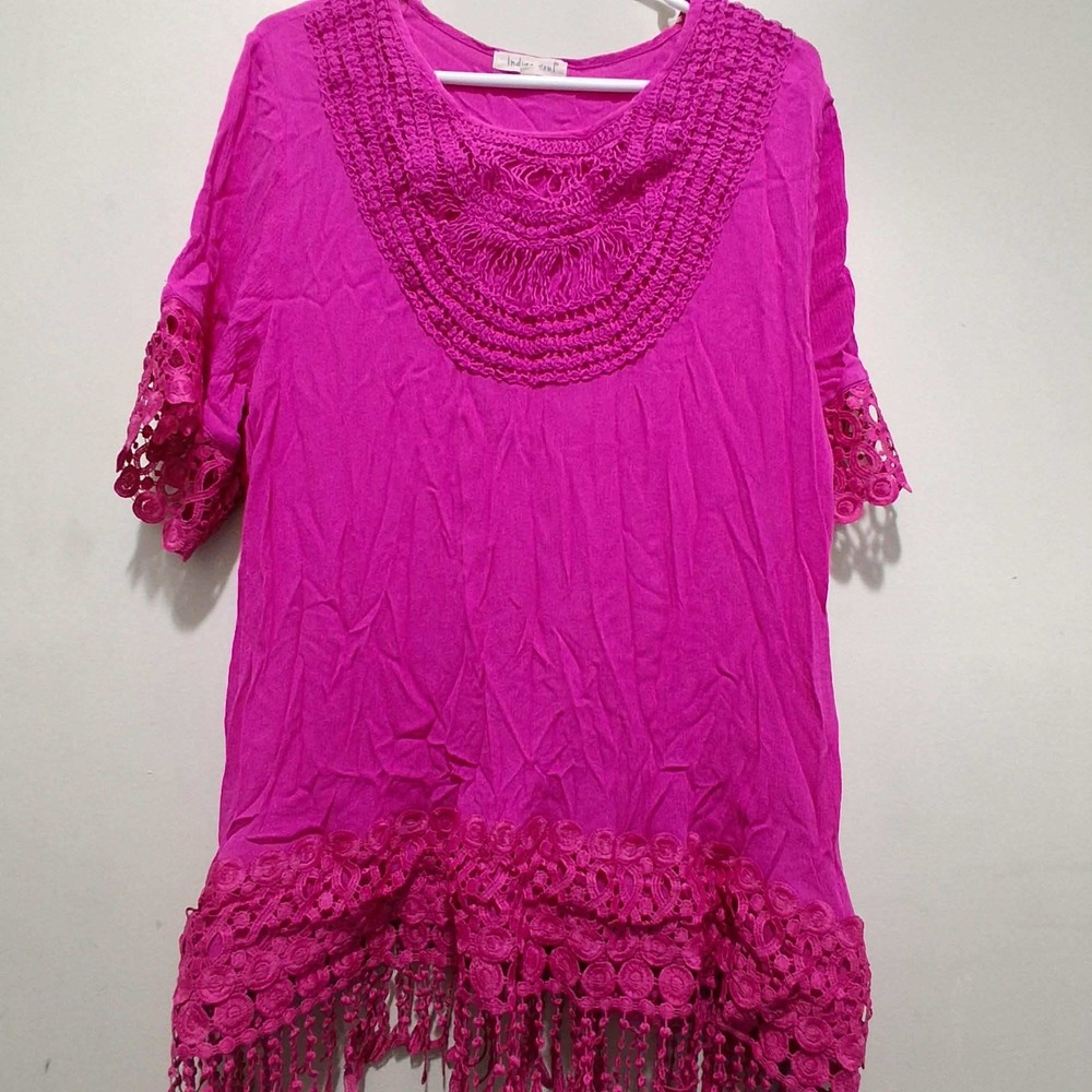 Indigo Soul Pink Crochet Trim Tunic Top Boho‎ Fringe Tassel 2XL